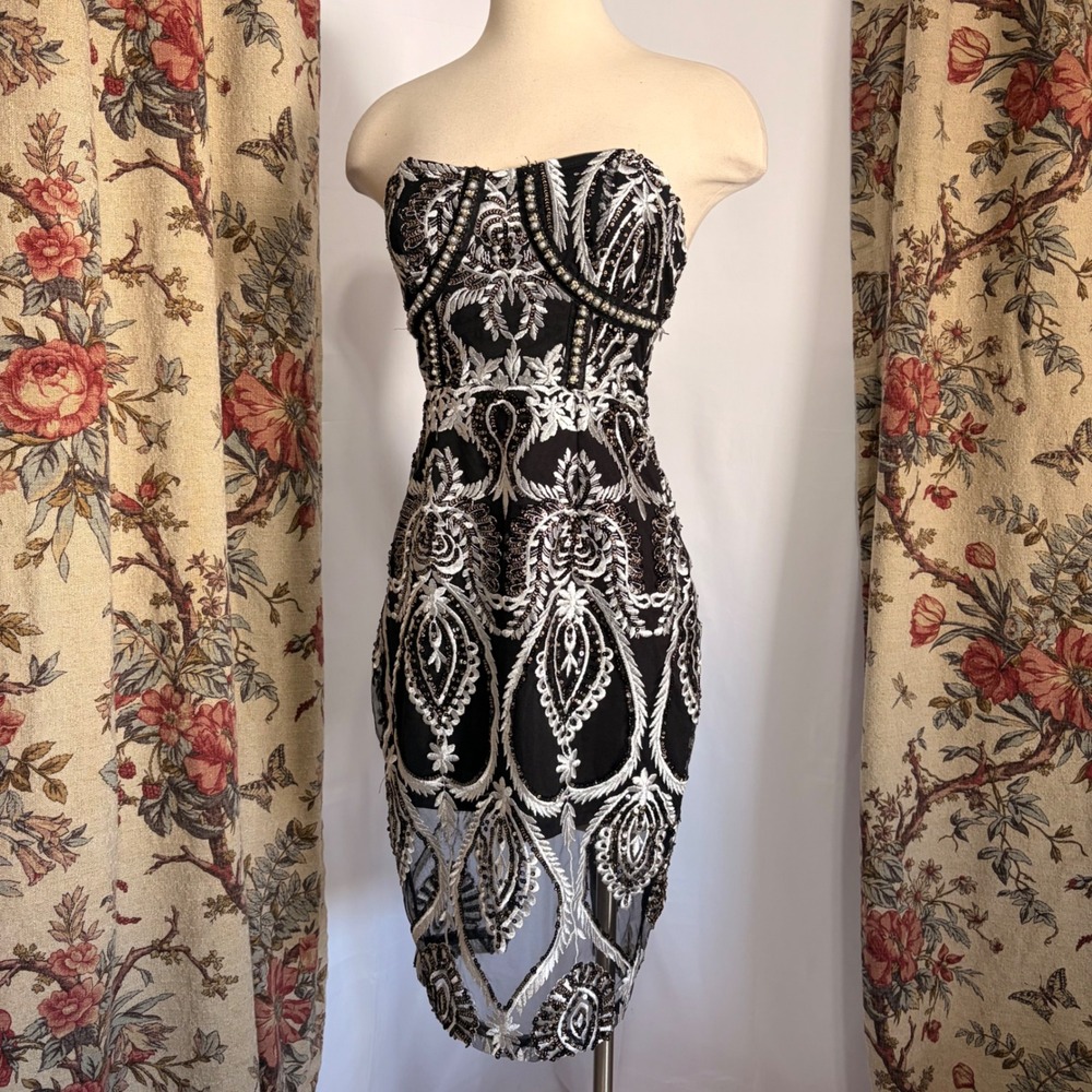 PrettyLittleThing Stunning Black Silver Gold Embroidered Sequin Midi Dress